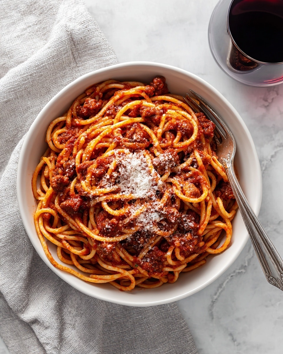 A white bowl filled with spaghetti noodles coated in a thick red tomato sauce, mixed with small chunks of browned meat evenly spread throughout. On top, there is a light sprinkling of finely grated white cheese. The bowl sits on a light gray textured cloth next to a silver fork on the right side, with part of a glass filled with dark red liquid visible at the top right corner. The background is a white marbled surface photo taken with an iphone --ar 4:5 --v 7