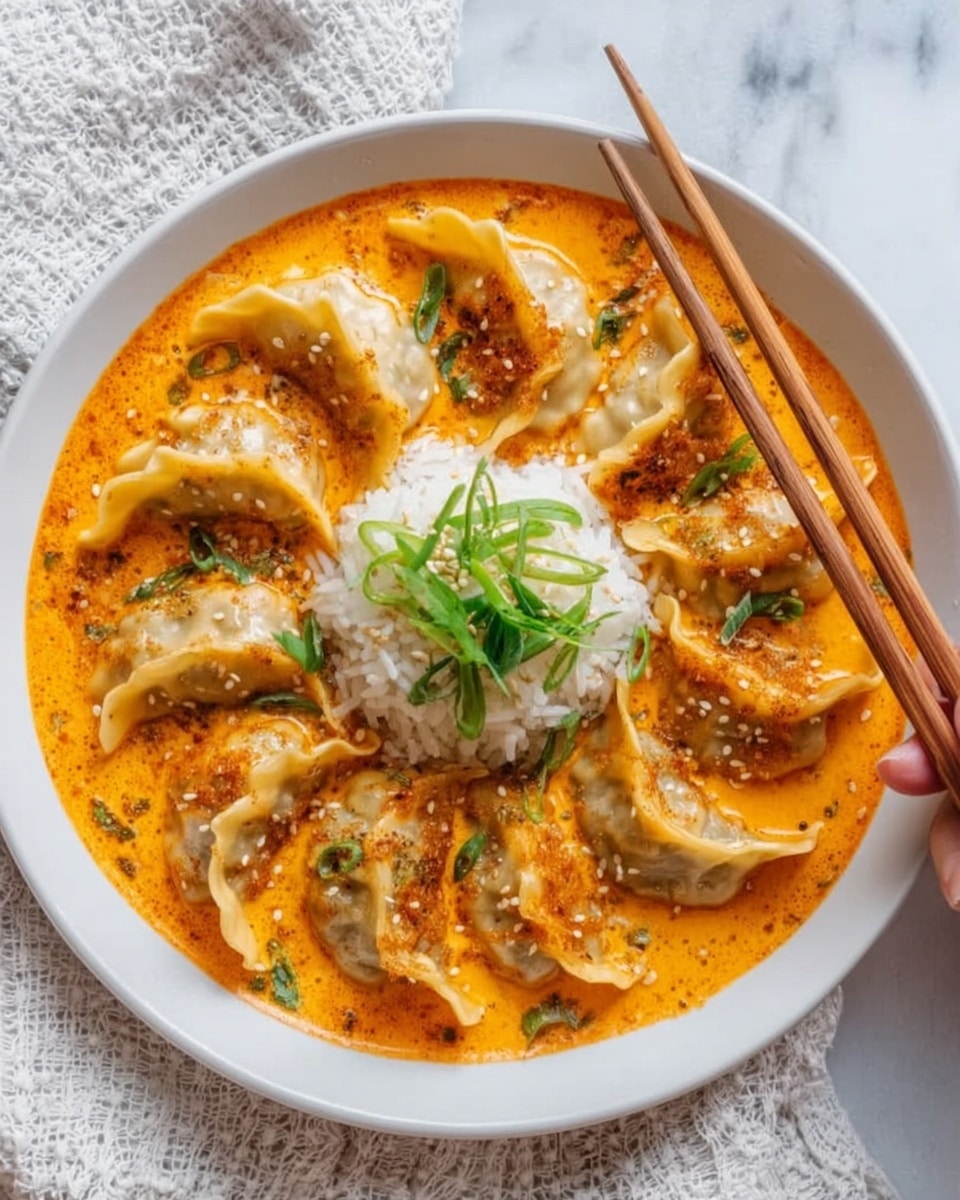 The dish shows a white bowl filled with a creamy orange sauce, with eight golden-brown dumplings arranged in a circle around the edge. Each dumpling is slightly crispy with a smooth, glossy texture and sprinkled with green chopped herbs and white sesame seeds. In the center of the bowl is a neat mound of white rice, topped with thin green onion strips. A woman's hand holding wooden chopsticks is resting on the right side of the bowl, picking up one dumpling. The bowl is placed on a white marbled surface with a beige cloth partially visible around it photo taken with an iphone --ar 4:5 --v 7