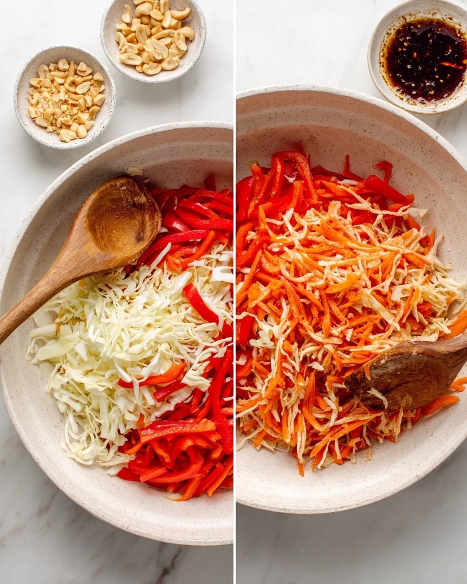 The image shows various white bowls and clear glass containers arranged on a white marbled surface, filled with fresh ingredients. There are thinly sliced pale pink raw meat pieces in one white bowl, long thin white rice noodles in a separate pile, and bright red bell pepper slices in another white bowl. A bowl of light yellow beaten eggs with a spoon inside is visible, alongside a bowl of white bean sprouts with a touch of yellow. A small bowl holds crushed peanuts, while a glass container contains fresh green herbs and another glass holds thinly sliced green onions. Additionally, there is a glass container of dark red-brown sauce with chili flakes and another small bowl with clear golden oil. Photo taken with an iphone --ar 4:5 --v 7
