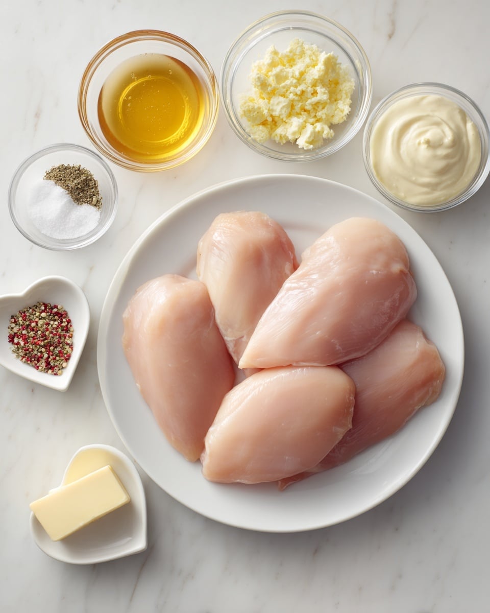 A white plate holds five pieces of raw chicken, pale pink and smooth, arranged in a loose pile filling most of the plate. Surrounding the plate are seven small clear glass bowls and one small white bowl, each holding different ingredients: one bowl has a golden yellow honey, another small bowl contains light yellow minced garlic, a larger bowl is filled with thick white heavy cream, a bowl of pale yellow dijon mustard shows a smooth texture, and a small white heart-shaped bowl holds white salt and black pepper. A tiny rectangular pat of light yellow butter sits directly on the white marbled surface, and the last small clear bowl has a mix of red, green, and white seasonings. The whole setup is placed on a white marbled surface with even lighting. Photo taken with an iphone --ar 4:5 --v 7