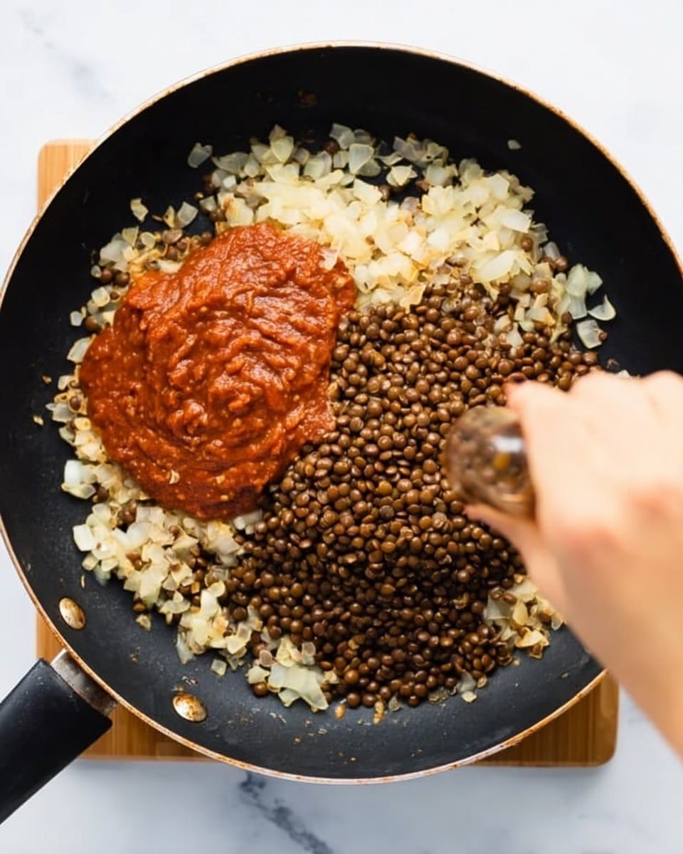 A top view of a black frying pan on a white marbled surface, filled with three main layers: the bottom layer consists of cooked finely chopped light brown onions, the middle layer is a heap of dark brown lentils, and the top layer is a thick dollop of reddish-brown sauce placed to the left. A woman's hand is seen above the sauce, about to add or mix ingredients. The pan has a black handle extending to the left side, and the whole scene is bright and clearly captured. photo taken with an iphone --ar 4:5 --v 7