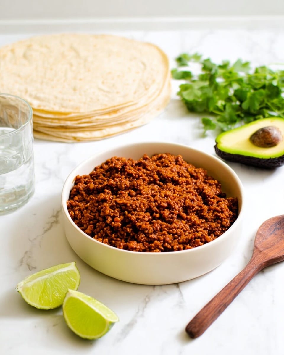A white bowl filled with a layer of cooked, finely chopped brown lentil mixture, showing a rich, textured surface. Behind the bowl, there are soft, light beige tortillas stacked in a neat pile. To the right, a halved avocado displaying its bright green flesh and dark brown seed is placed next to fresh green cilantro sprigs. In the foreground, two lime wedges with pale green flesh and thin rinds sit on a white marbled surface next to a wooden spoon with a smooth, dark brown finish. A clear glass of water is positioned on the left side of the bowl. Photo taken with an iphone --ar 4:5 --v 7