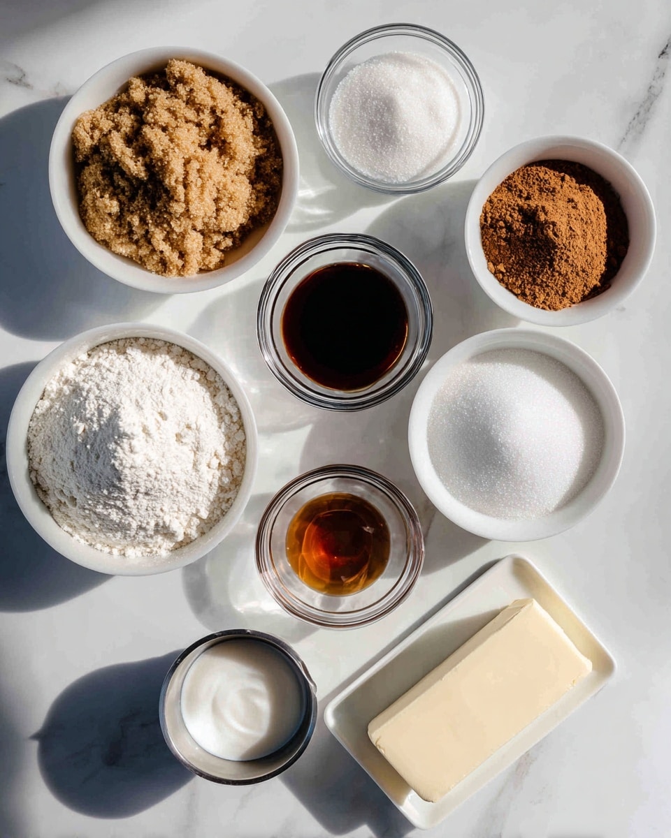 The image shows eight small white bowls and one white plate arranged on a white marbled surface. Each bowl contains a different baking ingredient: one bowl is filled with light brown, coarse brown sugar; another has fine white all-purpose flour; a small bowl holds cinnamon with a rich brown powder; a clear bowl contains dark amber vanilla extract; another clear bowl has fine white confectioners’ sugar; a small bowl shows white fine sea salt; a metal cup holds a small amount of thick, white heavy cream; and the white plate has a rectangular stick of pale butter. Each ingredient is clearly labeled with black text on white bars above or beside the containers. The lighting is bright and natural, giving a clean and fresh look. photo taken with an iphone --ar 4:5 --v 7