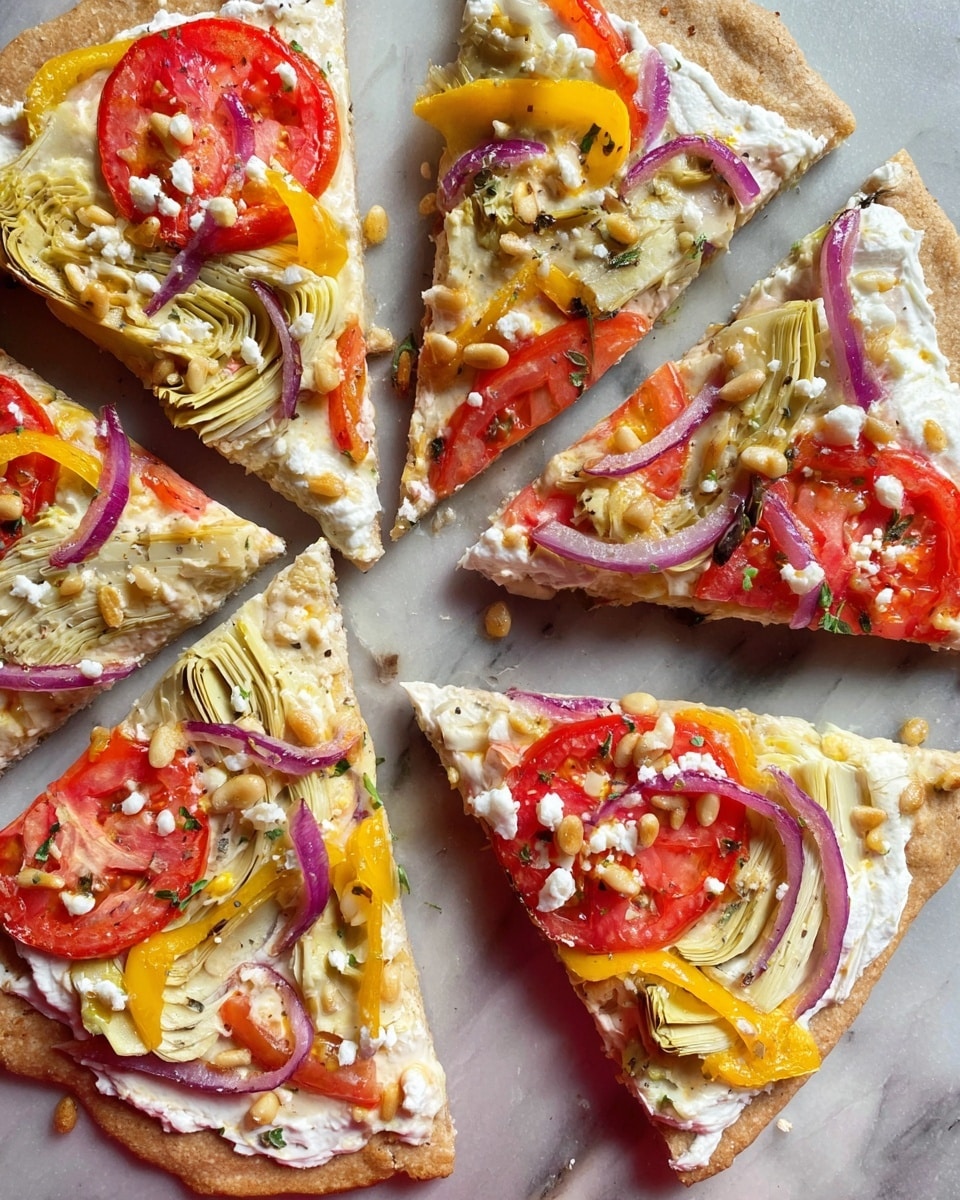 The image shows slices of pizza arranged in a circle on a white marbled surface. The pizza crust is thin and light brown. On top, there is a layer of white cheese spread evenly. The visible toppings include bright red tomato slices, pale green artichoke hearts, thin strips of yellow bell pepper, and thin slices of purple onion scattered across the pizza. Small white crumbles of cheese and golden pine nuts are sprinkled over the toppings, adding texture. The colors are fresh and vibrant, with the different layers clearly visible, showing a mix of soft and crunchy textures. Photo taken with an iphone --ar 4:5 --v 7