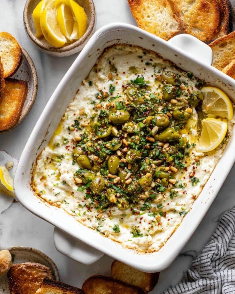 Baked Feta and Artichoke Dip with Olive Gremolata Recipe