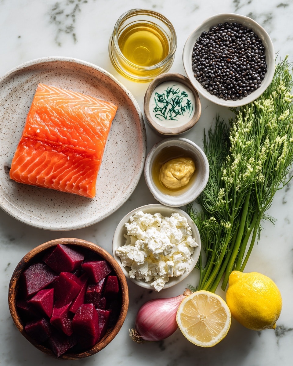 The image shows an arrangement of various fresh ingredients on a white marbled surface. At the center left, there is a white speckled plate holding a bright orange slice of raw salmon with visible texture lines. Above and to the right, a small white bowl with green designs contains shiny black lentils, while next to it is a wooden bowl filled with a bunch of fresh green dill stems. A single pinkish shallot lies beside the dill, near a clear glass filled with golden olive oil. Below the glass, a round dark wooden bowl holds white crumbled feta cheese with a soft texture. Near the bottom center, a small brown bowl contains smooth Dijon mustard, and next to it is a white dish with thick golden honey. To the right, a halved yellow lemon displays its juicy interior, accompanied by another pink shallot. At the bottom left, a transparent glass container holds deep red sliced pickled beets with a glossy surface. Lastly, a small white plate to the lower right carries fresh, leafy green vegetables with visible veins. photo taken with an iphone --ar 4:5 --v 7