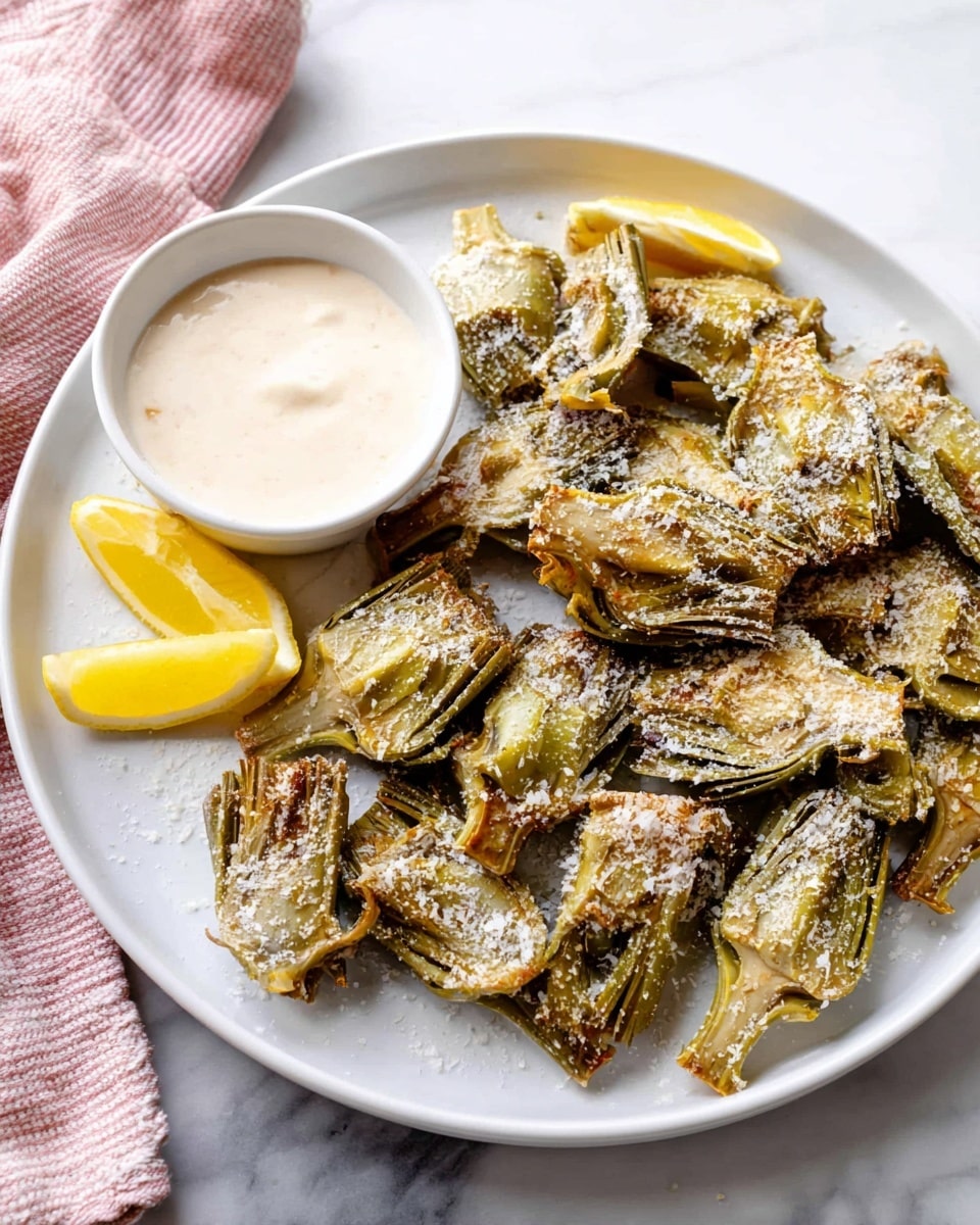 A white plate holds a single layer of roasted artichoke pieces, each showing a mix of green and light brown with a slightly crispy texture. The artichokes are sprinkled with a fine white powder, likely cheese or seasoning, evenly spread on top. Two lemon wedges with bright yellow flesh and rind sit near the edge of the plate, adding a pop of color. On the left side of the plate is a small white bowl filled with a creamy pale beige dip. The whole setup rests on a white marbled surface, with a pink and white striped cloth partially visible in the top left corner. photo taken with an iphone --ar 4:5 --v 7