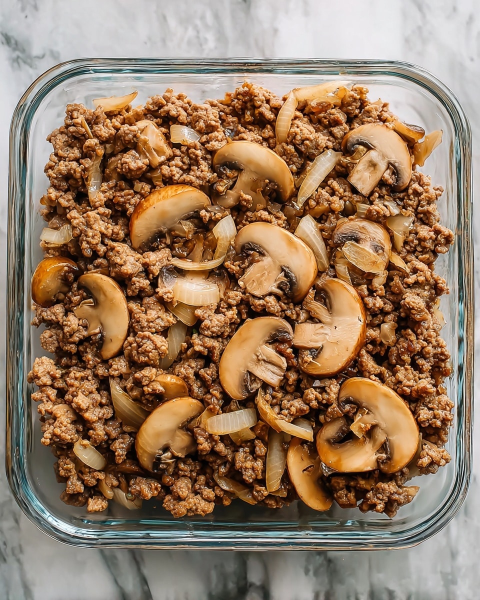 A clear square glass dish filled with a mix of cooked ground meat and sliced mushrooms, both evenly spread out and mixed together. The ground meat is brown with a slightly crumbly texture, while the mushrooms are golden brown and sliced thickly, showing their soft and cooked texture. Thin pale strips of onions are scattered throughout the mixture, adding a slight color contrast. The dish is placed on a white marbled surface. Photo taken with an iphone --ar 4:5 --v 7
