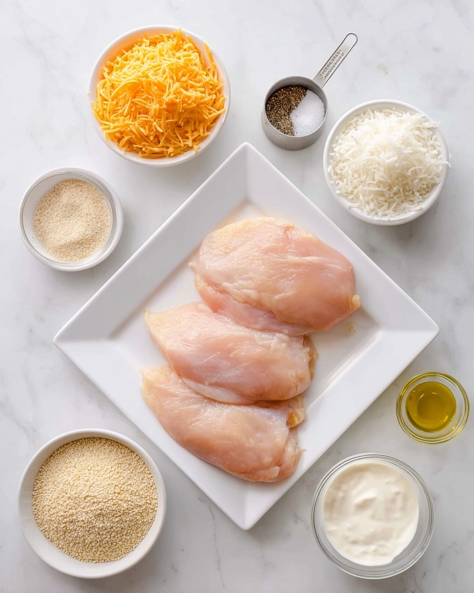 The image shows four raw, pale pink chicken pieces placed side by side on a clean white square plate in the center. Surrounding the plate on a white marbled surface are various small bowls and a metal measuring cup: on the left, a white bowl is filled with bright orange-yellow shredded cheese and above it, a white bowl contains fluffy white shredded coconut. To the right of the chicken, a small white bowl is filled with a light beige powder, a clear small bowl holds a mix of salt and black pepper, and a metal measuring cup contains a golden-yellow oil. At the bottom right, a white bowl is filled with creamy white yogurt. At the bottom left, a clear bowl holds fine, pale beige breadcrumbs. photo taken with an iphone --ar 4:5 --v 7