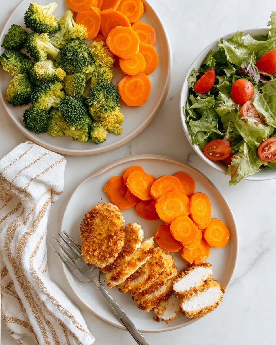 Two white round plates sit on a white marbled surface with a beige and white striped cloth nearby. Each plate holds three sections: on the left, bright green broccoli florets with a rough textured surface; in the middle, bright orange carrot slices with smooth, round edges stacked closely together; on the right, sliced golden brown breaded chicken with a crumbly, crunchy texture and white inside, arranged in a neat row. A silver fork lies on the bottom plate, resting on the carrot slices. To the right is a white bowl filled with mixed green leafy salad and slices of red tomatoes. Photo taken with an iphone --ar 4:5 --v 7