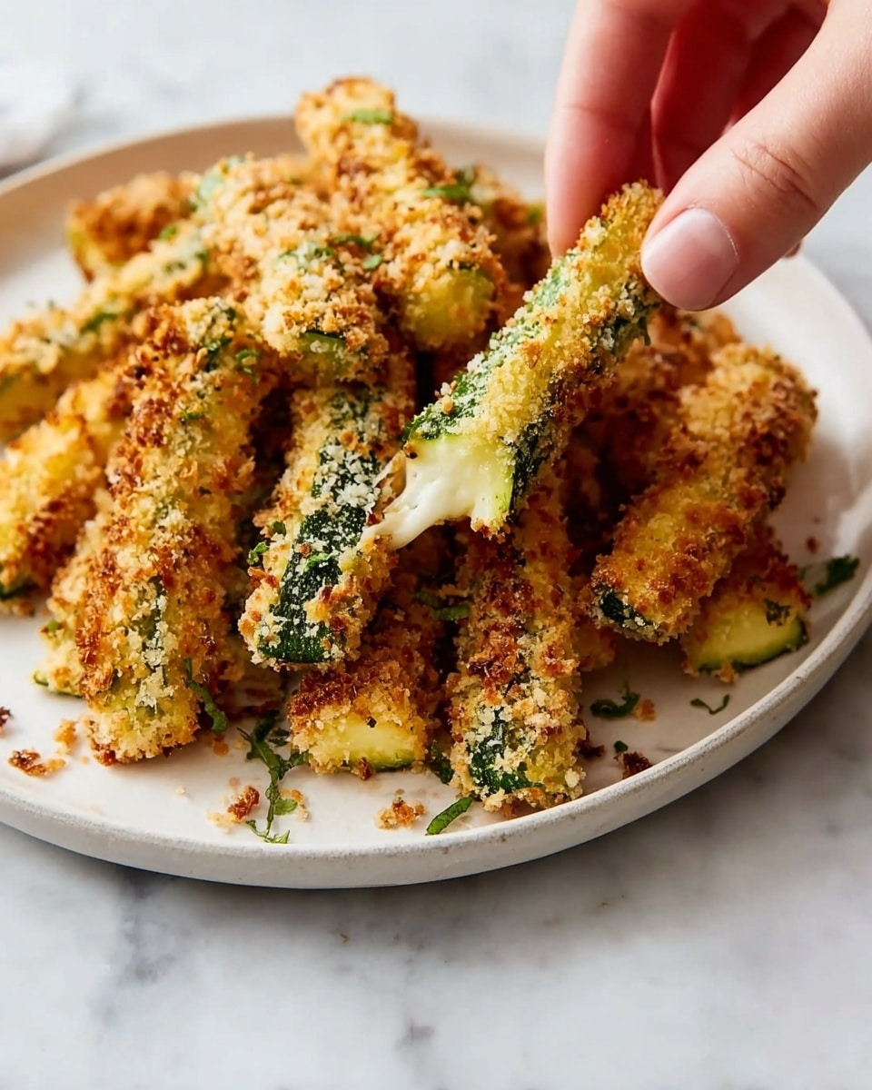 A white plate filled with golden brown, crispy zucchini sticks, each covered in a rough, crunchy crumb coating. One zucchini stick is broken in half showing a soft, light green interior with some melted white cheese inside. A woman's hand is gently holding the broken zucchini stick. The plate is placed on a white marbled surface. photo taken with an iphone --ar 4:5 --v 7