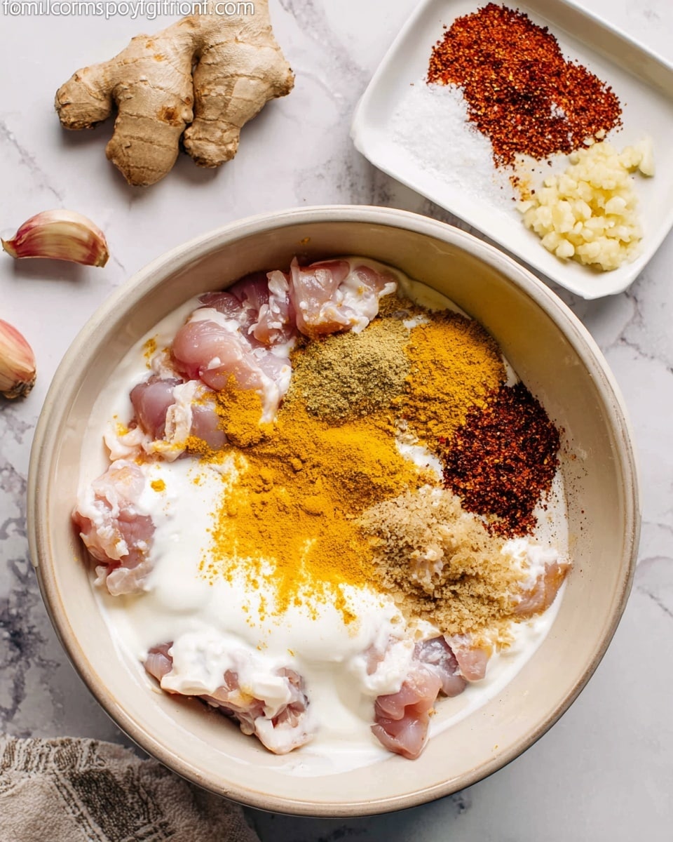 A large white bowl sits on a white marbled surface, holding a mixture of raw chicken pieces and several separate piles of spices and ingredients arranged around them. There is a thick layer of white yogurt covering part of the chicken, bright yellow turmeric powder at the front, light brown ground spice near the middle, dark reddish-brown chili powder to the left, finely chopped garlic and ginger piled to the top right, and some visible salt crystals scattered on the chicken. A white square dish with leftover spice powder and whole garlic and ginger pieces sit nearby on the same surface. Photo taken with an iphone --ar 4:5 --v 7