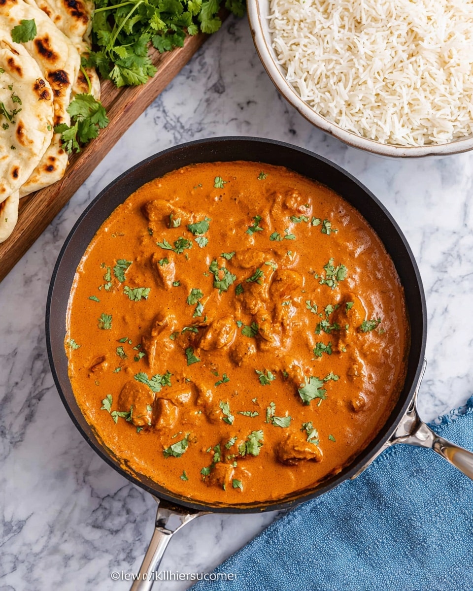 A black skillet filled with a thick, creamy orange curry sauce containing visible chunks of cooked meat, topped with small green cilantro leaves scattered evenly across the surface. The skillet has a shiny silver handle and sits on a white marbled surface. Above the skillet is a white plate filled with plain white rice, and to the left, partially visible, is a wooden board with pieces of soft naan bread that have light brown char spots. A bunch of fresh green cilantro lies on the marbled surface near the skillet, and a folded blue cloth napkin is partly visible beneath the skillet's handle. photo taken with an iphone --ar 4:5 --v 7