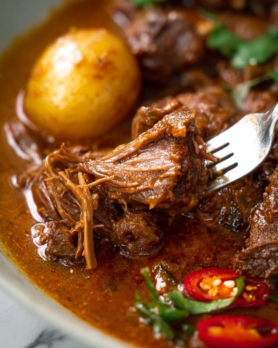 A white bowl holds three main layers: at the bottom, there is a bed of white rice with individual grains visible; on top of the rice, there is a large, dark brown cooked meat shank with a bone extending outwards. Surrounding the meat are two small round golden-brown potatoes and a few green cilantro leaves for garnish. A woman's hand is pouring thick, light brown sauce over the meat, some sauce dripping onto the rice, creating a glossy texture. There are small slices of red chili pepper near the potatoes adding a touch of color. The bowl sits on a white marbled surface. Photo taken with an iphone --ar 4:5 --v 7
