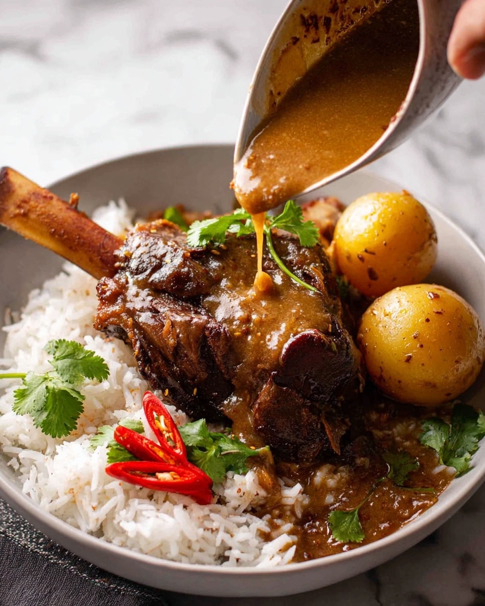 The image shows a close-up of a rich, dark brown stewed meat with visible tender, shredded texture. A piece of meat is lifted with a silver fork, showing stringy, soft fibers coated in thick, creamy brown sauce. Around the meat, there is a whole small yellow potato partially covered in the same sauce. The sauce is smooth and glossy with a warm, reddish-brown color. In the bottom corner, there are hints of fresh green herbs and a red chili pepper slice on the stew, adding contrast to the rich meat and sauce. The background is a white marbled surface. Photo taken with an iphone --ar 4:5 --v 7