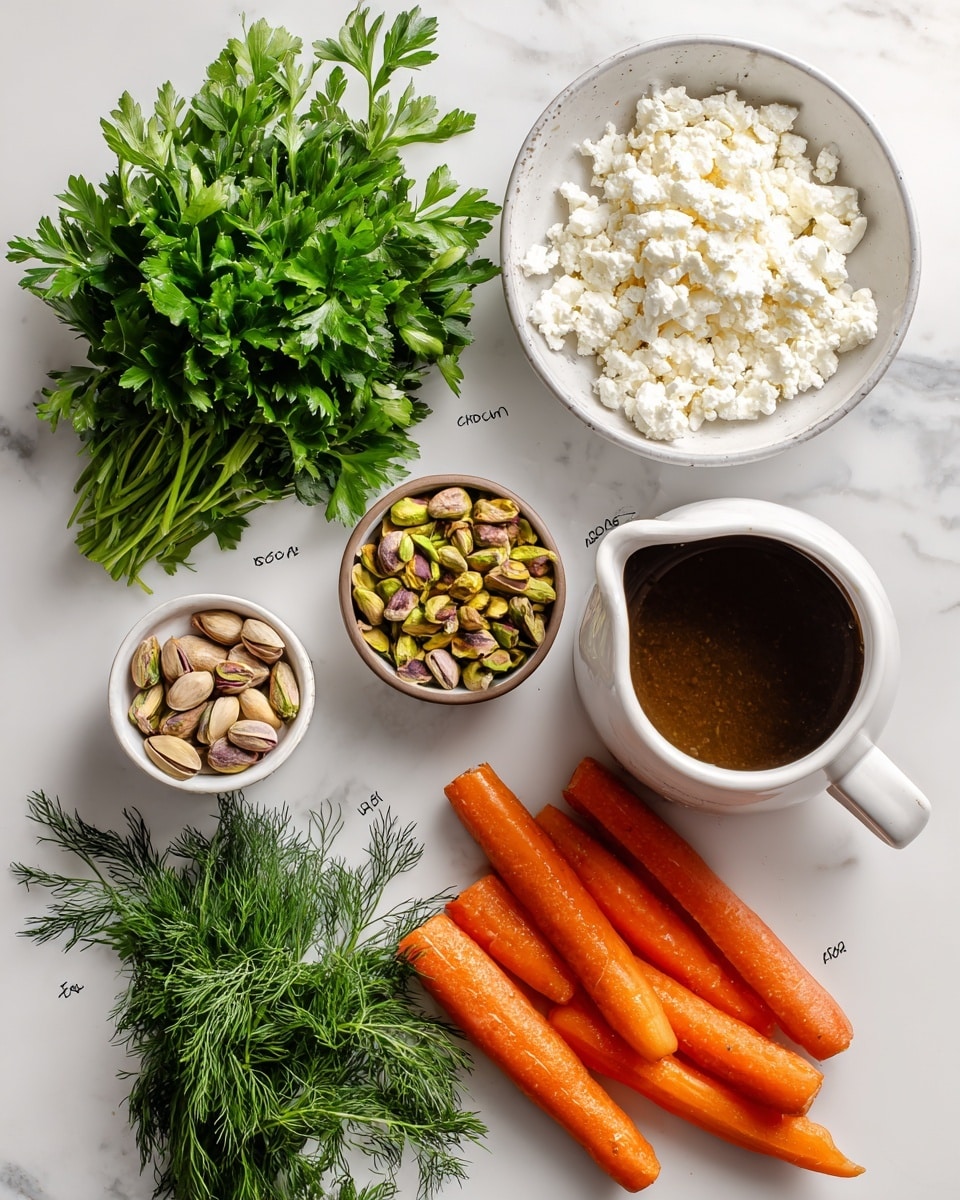 The image shows a white plate with scalloped edges on a white marbled surface, filled with a vibrant layered salad. The base layer is bright orange shredded carrots spread evenly across the plate. On top, there is a colorful layer of finely chopped nuts and green herbs, adding texture and contrast. The salad is finished with crumbled white cheese scattered generously over the top, creating a mix of soft and crunchy textures. The colors are fresh and vivid, making the dish look healthy and appetizing, photo taken with an iphone --ar 4:5 --v 7
