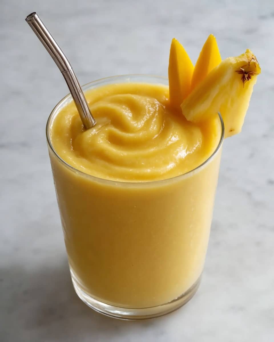 A clear glass filled with a smooth, thick yellow smoothie, showing a swirled texture on the top layer. On the right edge of the glass, there are three thin yellow mango slices standing upright and a small triangular pineapple piece with a slightly rough texture and small brown spines at the top. A metal straw is inserted into the middle of the smoothie, partially sinking in. The glass is placed on a white marbled surface. photo taken with an iphone --ar 4:5 --v 7