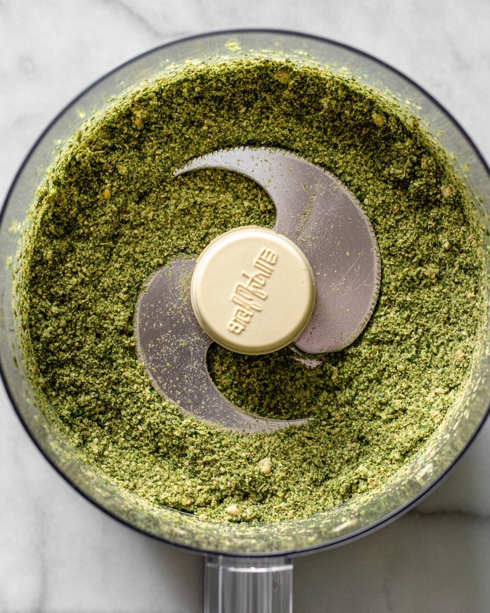 The image shows a top view of a food processor bowl filled with a finely ground green mixture that looks like a herb and nut blend. The layer of the mixture is spread evenly inside the clear food processor bowl, with some areas slightly disturbed near the metal blade in the center. The blade has a silver curved shape with a beige plastic hub that has small text imprinted on it. The background surface has a white marbled texture, softly visible through the clear bowl. photo taken with an iphone --ar 4:5 --v 7