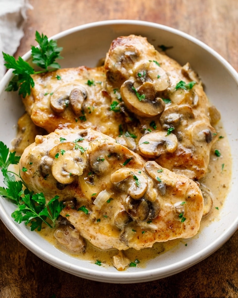 The image shows a white round bowl filled with four large pieces of cooked chicken, topped with a creamy light brown sauce. The sauce has small bits of onions and sliced mushrooms scattered evenly over the chicken. The mushrooms are light brown with soft texture, and some fresh green parsley leaves are placed on top as garnish. The bowl sits on a white marbled surface, adding brightness to the warm colors of the dish. The chicken looks tender with a slight golden brown color under the sauce. Photo taken with an iphone --ar 4:5 --v 7