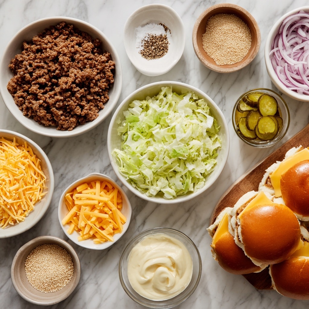 The image shows several small cheeseburgers on brown paper over a white marbled surface, each with a shiny, golden-brown sesame seed bun on top. Each burger has three visible layers: the bottom bun is light golden, next is a layer of melted bright yellow cheese over a dark brown cooked beef patty with a slightly crumbly texture, followed by fresh, crisp green lettuce with a ruffled texture, and finally topped with the sesame seed bun. The burgers are arranged close to each other, some whole and one with a bite taken out showing the soft, fluffy inside of the bun. photo taken with an iphone --ar 4:5 --v 7