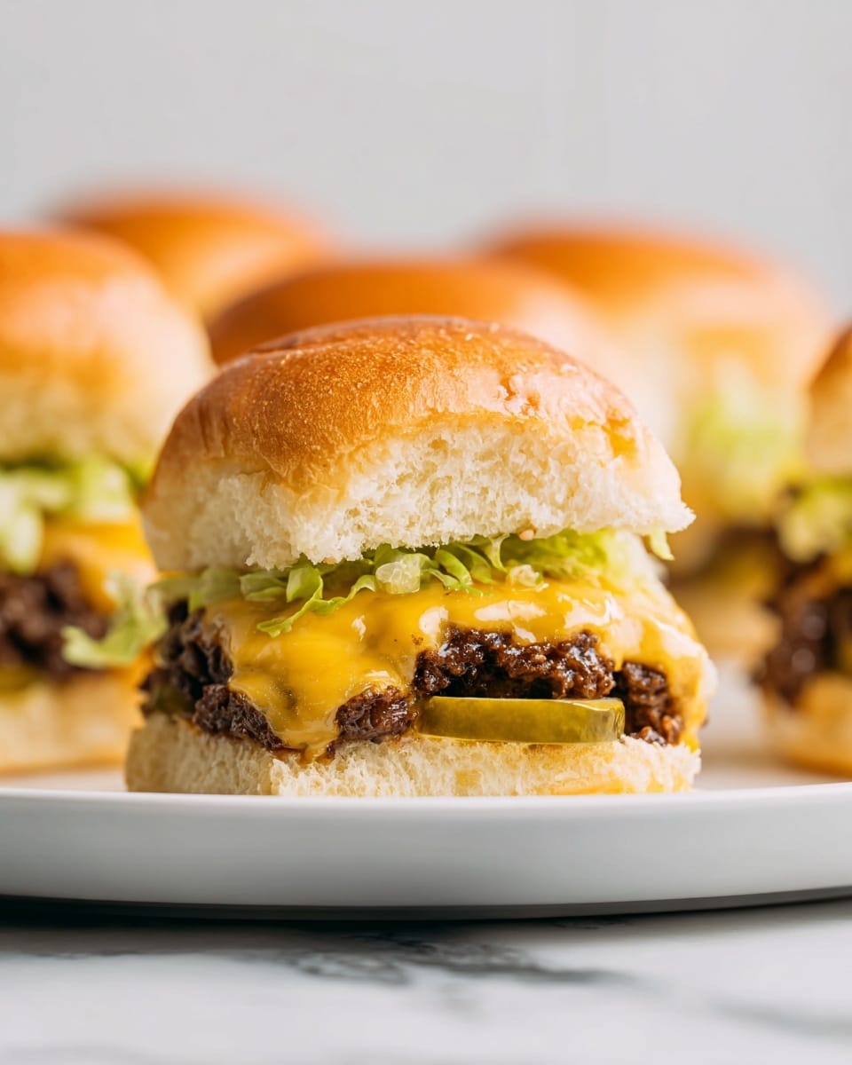 A close-up view of a cheeseburger slider on a white plate sitting on a white marbled surface, showing four layers: a soft, golden, and sesame-seeded bun on top; bright green shredded lettuce beneath it; melted yellow cheddar cheese dripping over a dark, cooked ground beef patty; and sliced pickles resting on the bottom half of the soft bun, with the entire slider centered in the foreground and blurred sliders in the background, photo taken with an iphone --ar 4:5 --v 7