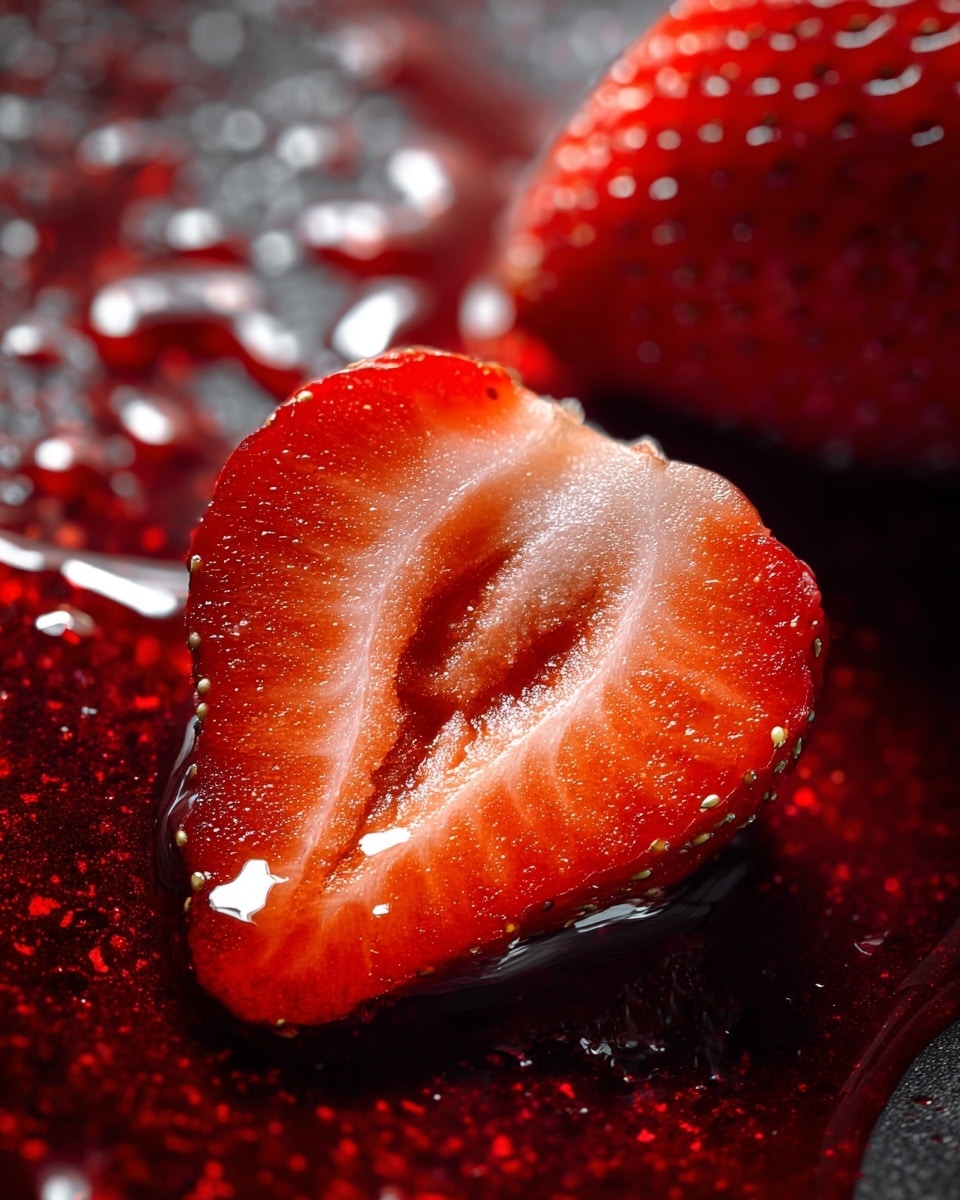 The image shows a close-up of a sliced red strawberry, with one half placed on a shiny dark surface covered in red juice and small water droplets. The strawberry slice reveals its inner texture with seeds visible on the edges and light shining off its glossy, wet surface. The background has a soft out-of-focus whole strawberry, giving depth to the photo. The lighting highlights the juicy and fresh look of the fruit, making the red color vibrant and bright. Photo taken with an iphone --ar 4:5 --v 7