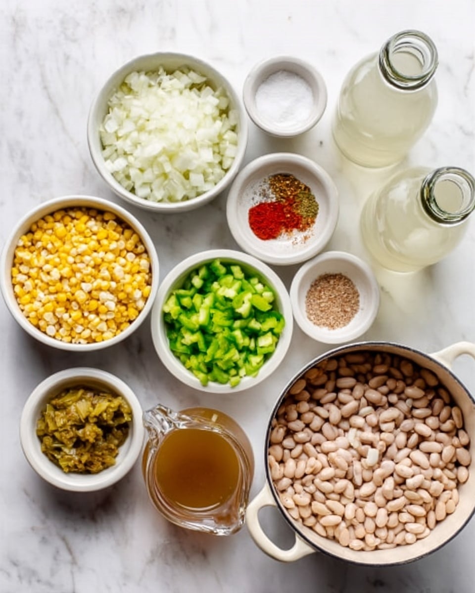 The image shows eight bowls and containers arranged on a white marbled surface, each holding different ingredients for cooking. One medium white bowl holds finely chopped white onions, sitting next to smaller white bowls filled with yellow corn kernels and a yellow sauce or salsa. A small white bowl contains a mix of white and red spices and salt. There are two glass bottles filled with white liquid placed near the back. A medium pot on the right side is filled with light brown beans, and a clear glass jug in front holds light brown broth. Finally, a small white bowl in the center holds chopped green bell peppers. photo taken with an iphone --ar 4:5 --v 7