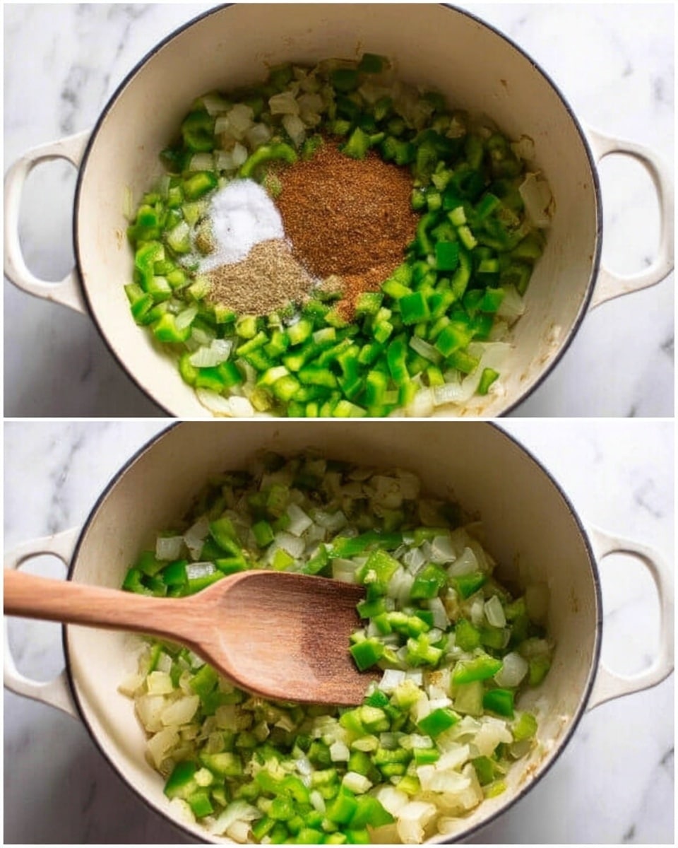 The image shows a white pot on a white marbled surface filled with chopped green bell peppers and onions. The vegetables look fresh and slightly soft, lying at the bottom of the pot. A woman's hand holds a light wooden spoon resting inside the pot, mixing the vegetables. In the second view, a pile of brown spice mix and a small amount of white salt are added on top of the vegetables before stirring. The textures are clear, showing the diced shapes and colors of the peppers and onions against the smooth white pot inside. Photo taken with an iphone --ar 4:5 --v 7