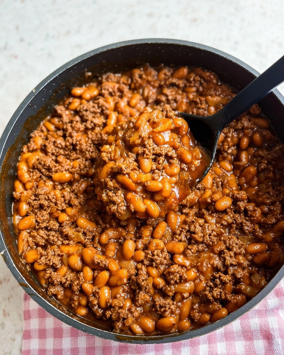 A large black pan filled with cooked ground meat mixed with many light brown beans in a thick sauce. The mixture has a shiny, soft texture with small chunks of cooked onions visible. A black spoon lifts a scoop of the mixture in the center, showing the mix of beans and meat in detail. The pan sits on a white marbled surface with a soft pink and white checkered cloth underneath. Photo taken with an iphone --ar 4:5 --v 7