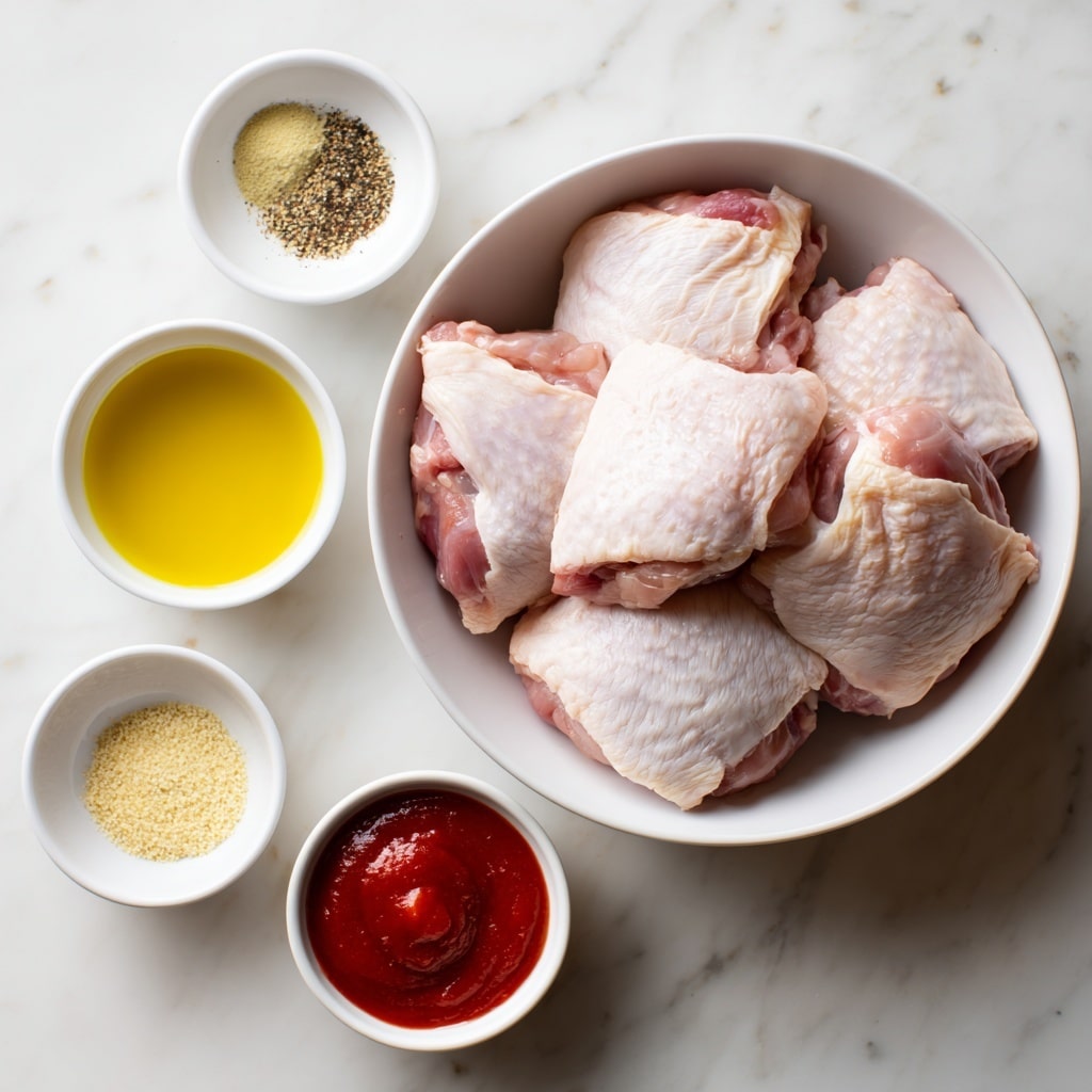 The image shows a white bowl filled with several raw chicken thighs that are pale pink with some white fat spots, placed on a white marbled surface. Around the bowl are three small white bowls; one contains bright yellow olive oil, another has a glossy red hot sauce, while the third has three spices arranged in little piles: black pepper, light beige onion powder, and pale yellow garlic powder. Each spice is labeled with black text near its pile. The layout is neat and simple, with a clear view of each ingredient. photo taken with an iphone --ar 4:5 --v 7