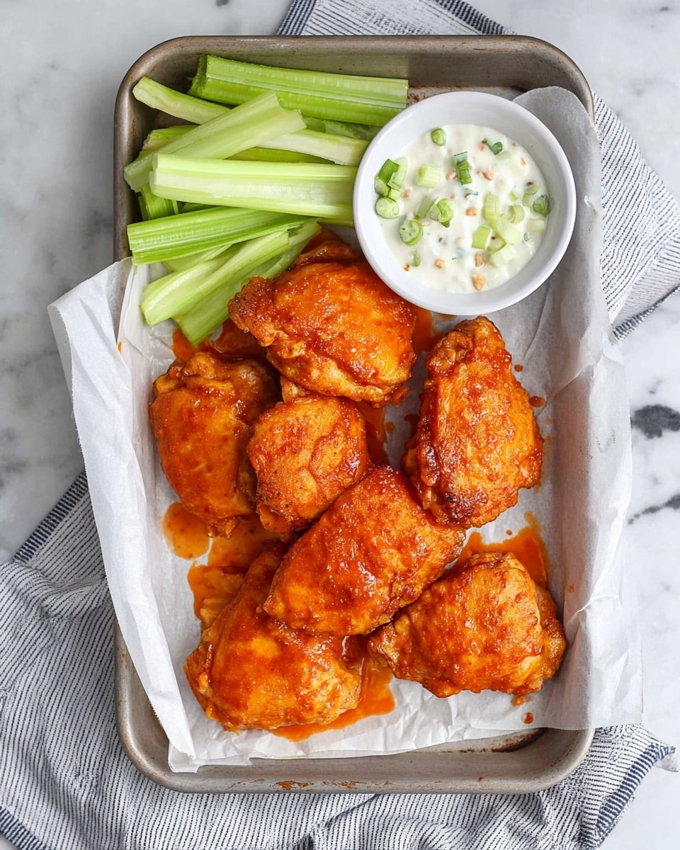 A tray lined with white parchment paper holds six pieces of golden-brown chicken thighs covered in a bright orange sauce, arranged mostly in the center and bottom right. To the top left of the tray, there are several crisp celery sticks, light green with a fresh texture. At the top right, a small white bowl contains a creamy white dip with small green and tan specks. The tray rests on a white marbled surface with a gray and white striped cloth partially visible underneath the bottom edge of the tray. photo taken with an iphone --ar 4:5 --v 7