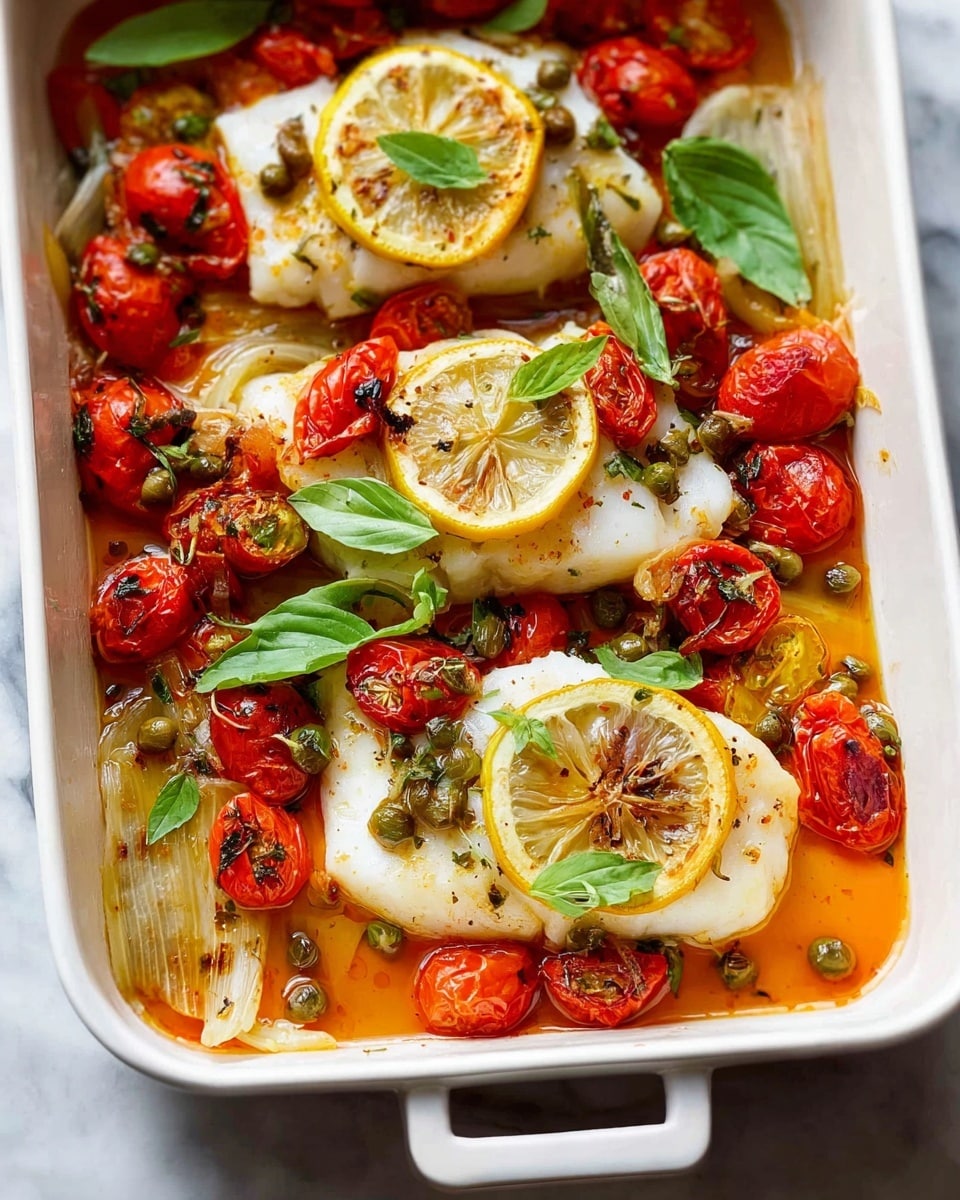 The image shows a white baking dish filled with three pieces of white fish fillets. Each fillet has a thin round slice of lemon on top, decorated with roasted red and yellow cherry tomatoes, small green capers, and fresh green basil leaves. The fish sits on a layer of roasted cherry tomatoes and slices of pale leeks, with some herbs scattered around. The fish and vegetables are shiny with oil and juices, creating a warm orange sauce in the bottom of the dish. The dish is placed on a white marbled surface. Photo taken with an iphone --ar 4:5 --v 7