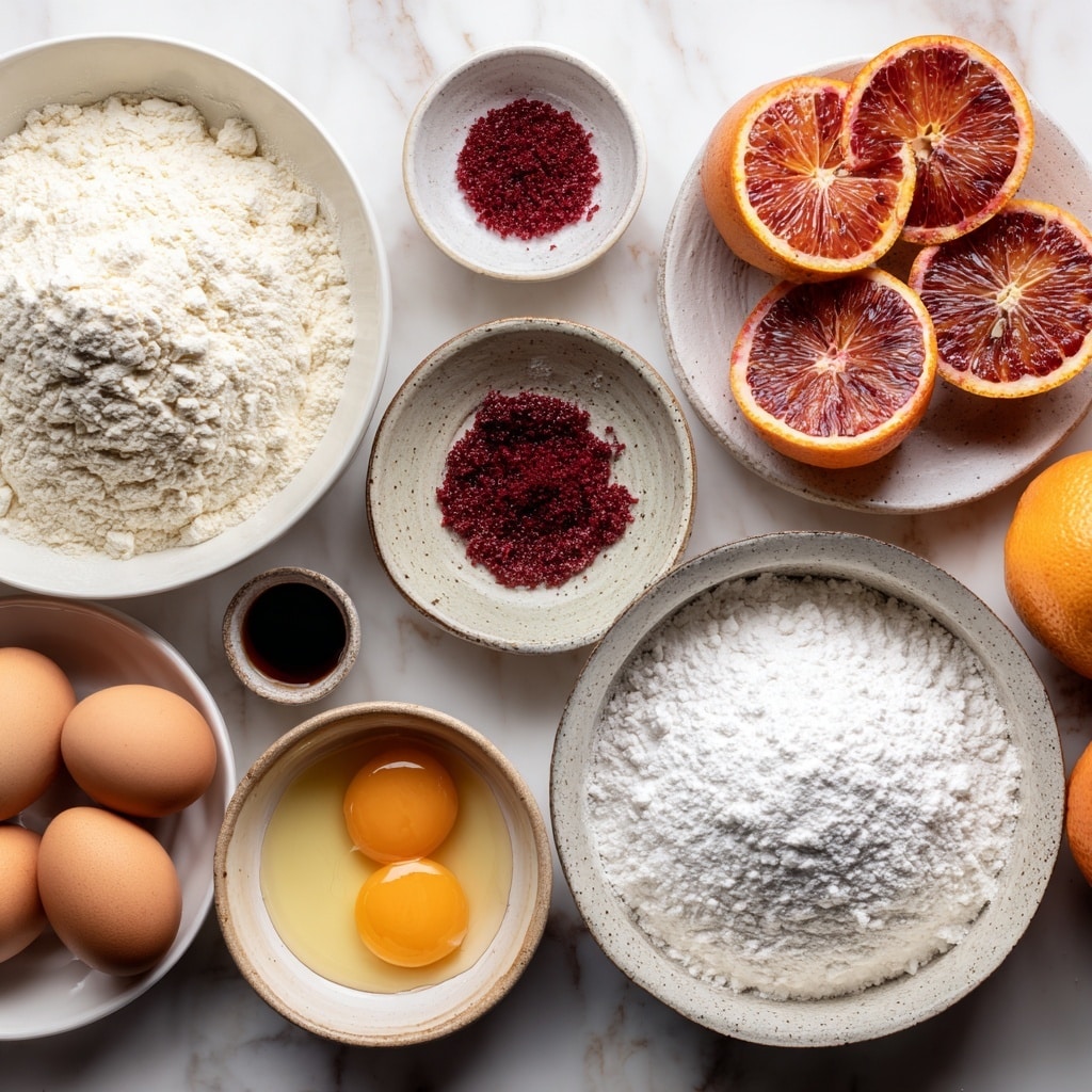 The image shows a square dessert bar on a white marbled surface with three visible layers: the bottom layer is pale beige and crumbly, the middle layer is creamy light yellow, and the top layer is a thick, deep reddish-purple. The top is dusted with white powdered sugar and decorated with a small pile of bright orange zest in the center. In the background, more stacked dessert bars are visible, along with a cut citrus fruit with blood-red flesh and a small white bowl filled with powdered sugar. The whole scene sits on a folded colorful cloth with a white marbled surface underneath. photo taken with an iphone --ar 4:5 --v 7