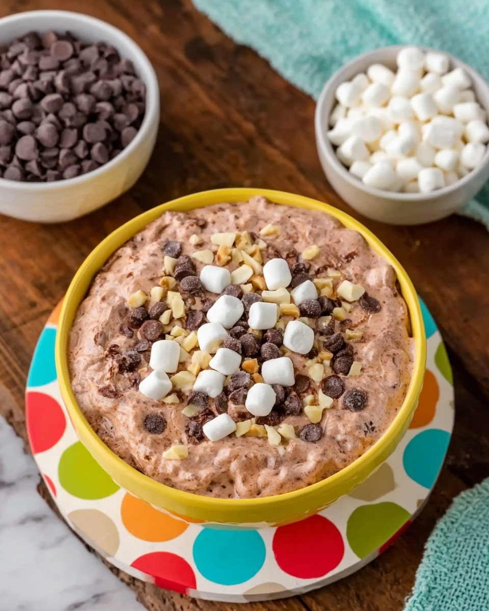 A bowl filled with a thick, creamy chocolate mixture, with little shiny chocolate chips mixed in, sits on a colorful polka dot napkin. On top, there are many small white marshmallows, many chocolate chips, and some light brown nut pieces sprinkled over. The bowl is white with a yellow zigzag pattern. The bowls of small marshmallows and chocolate chips are blurred in the background, placed on a white marbled surface photo taken with an iphone --ar 4:5 --v 7
