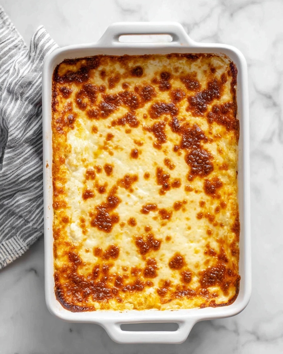 A white ceramic baking dish filled with a thick, golden-brown baked casserole. The top layer is a bubbly, browned cheese surface with patches of deeper caramelized spots scattered unevenly, giving a slightly crunchy texture look. The dish is square-shaped with handles on both sides, sitting on a white marbled surface next to a gray and white striped cloth. The casserole appears to have several layers beneath the top cheese crust, hinted by the edges where the cheese meets the dish. Photo taken with an iphone --ar 4:5 --v 7