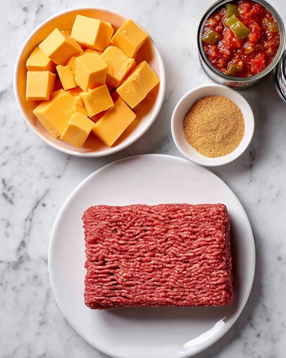A white plate holds a large rectangular block of raw ground beef with a rich deep red color and a textured surface showing the meat strands aligned in rows. Above the plate, there is a white bowl filled with many bright orange-yellow cubes of cheddar cheese that look smooth and dense. To the upper right side, an open can shows a chunky mix of red and green peppers in tomato sauce, with a shiny metallic lid partially visible. Next to the can is a small white bowl filled with finely ground, light brown seasoning powder. All items are placed on a white marbled surface. photo taken with an iphone --ar 4:5 --v 7