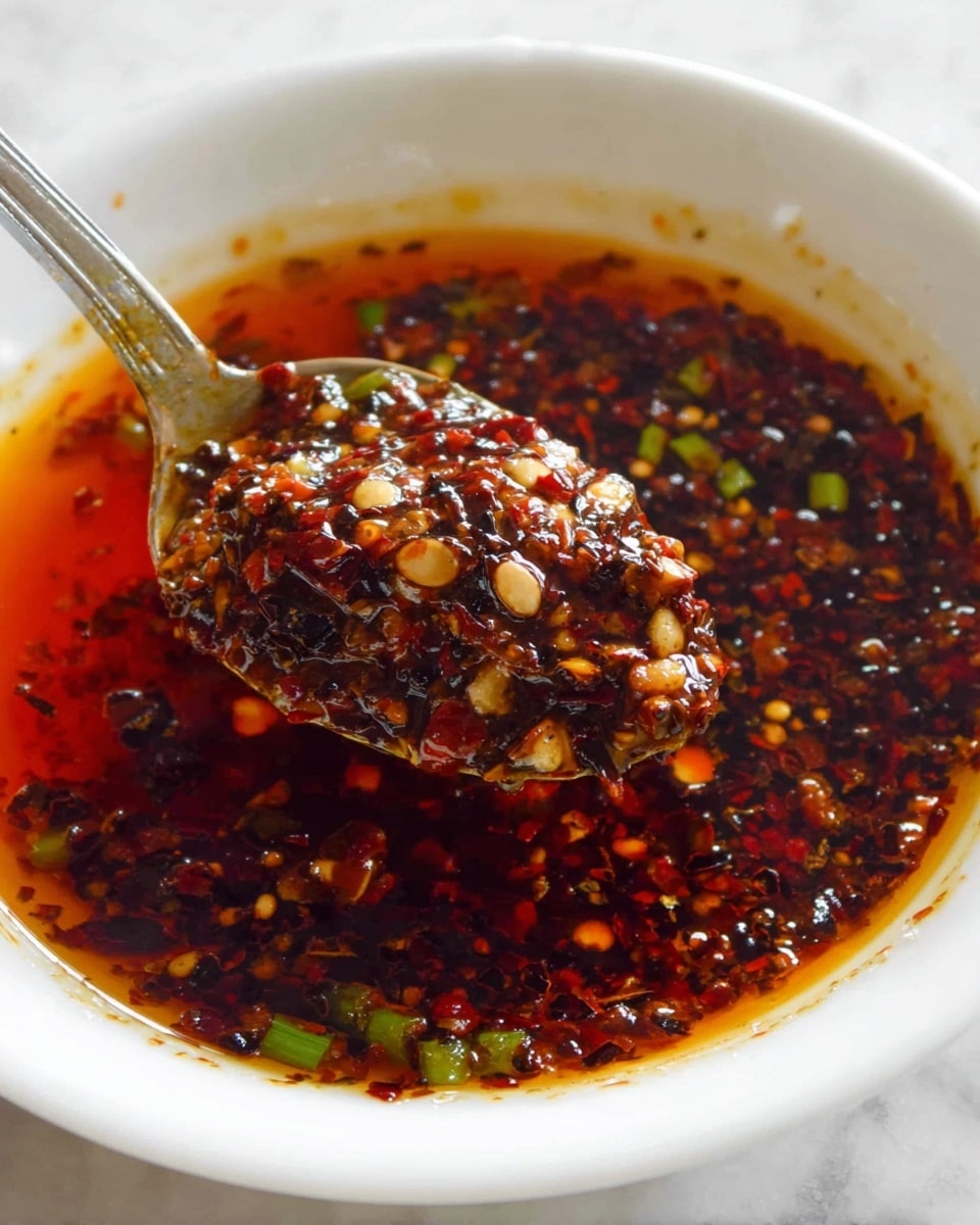 A close-up view of a white bowl with three soft, shiny dumplings covered in a dark, oily red chili sauce. The sauce has visible sesame seeds and small chopped green onions scattered on and around the dumplings. The dumplings have smooth, slightly wrinkled edges and are arranged so one is in the middle and the other two near the edge of the bowl. A silver fork touches one dumpling, lifting it slightly. The bowl sits on a white marbled surface. photo taken with an iphone --ar 4:5 --v 7