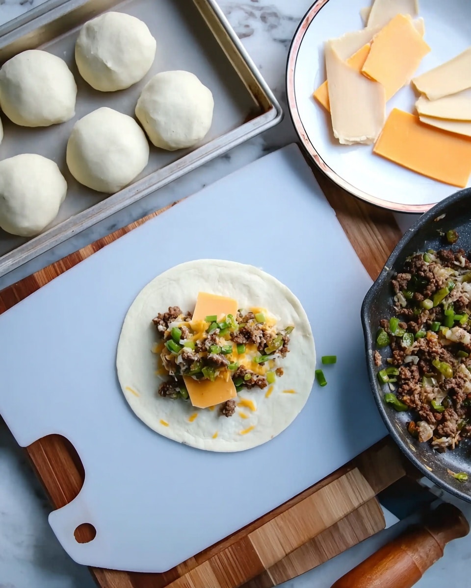 A small white dough circle lies flat on a pale blue cutting board, topped with one slice of pale orange cheese and a melted light yellow cheese slice, with a small pile of cooked brown meat mixed with green chopped vegetables layered on top. To the right of the board is a black pan containing more of the cooked meat and vegetable mix, and above the board is a white plate holding more slices of pale orange and light yellow cheeses. In the upper left corner, a white tray with four white dough balls can be seen. A wooden rolling pin rests on the right side of the blue cutting board, which is placed on a white marbled surface. photo taken with an iphone --ar 4:5 --v 7
