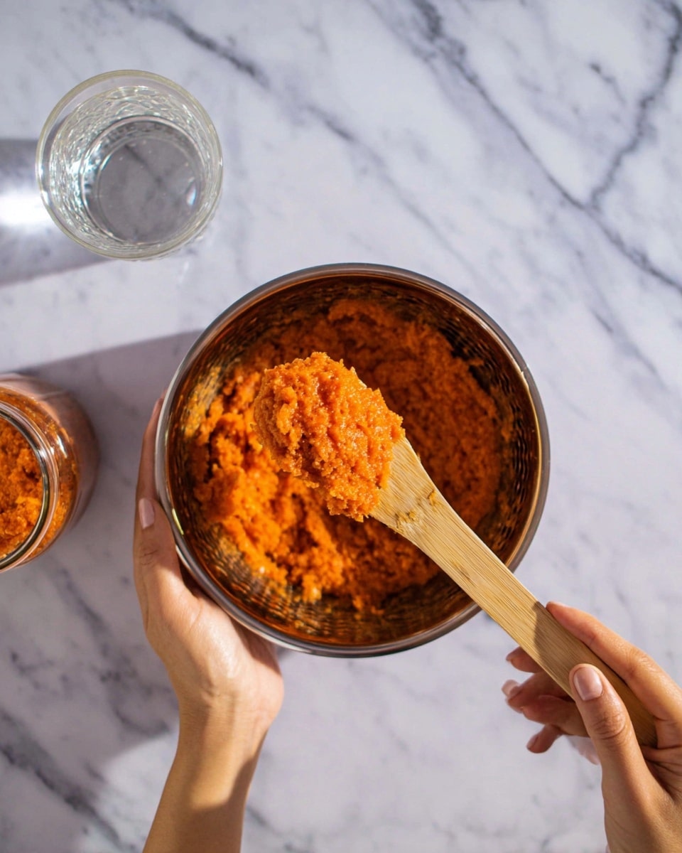 A top view shows a woman's hand holding a silver mixing bowl filled with a thick, grainy orange mixture. Another woman's hand is holding a light wooden spatula lifting a scoop of the same orange mixture, which looks moist and textured. The bowl is set on a white marbled surface with a glass of water and a small jar containing more of the orange mixture placed above the bowl. The lighting is natural, highlighting the bright orange color of the mixture and the smooth texture of the wooden spatula. photo taken with an iphone --ar 4:5 --v 7