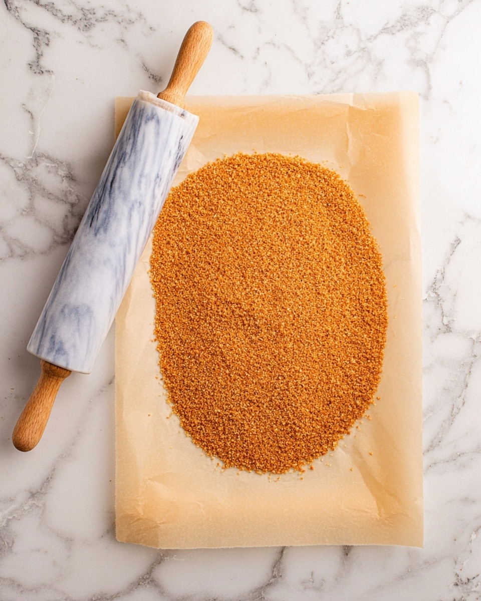 The image shows a flat and even layer of small, coarse, orange-brown crumbs spread out on a sheet of light beige parchment paper. The crumbs are shaped almost like an oval, covering most of the parchment paper’s central area. To the left side of the crumbs, there is a marble rolling pin with light grey and white swirls and wooden handles lying horizontally. The setup is placed on a white marbled surface with soft grey veins.Lastly, the photo was taken with an iphone --ar 4:5 --v 7