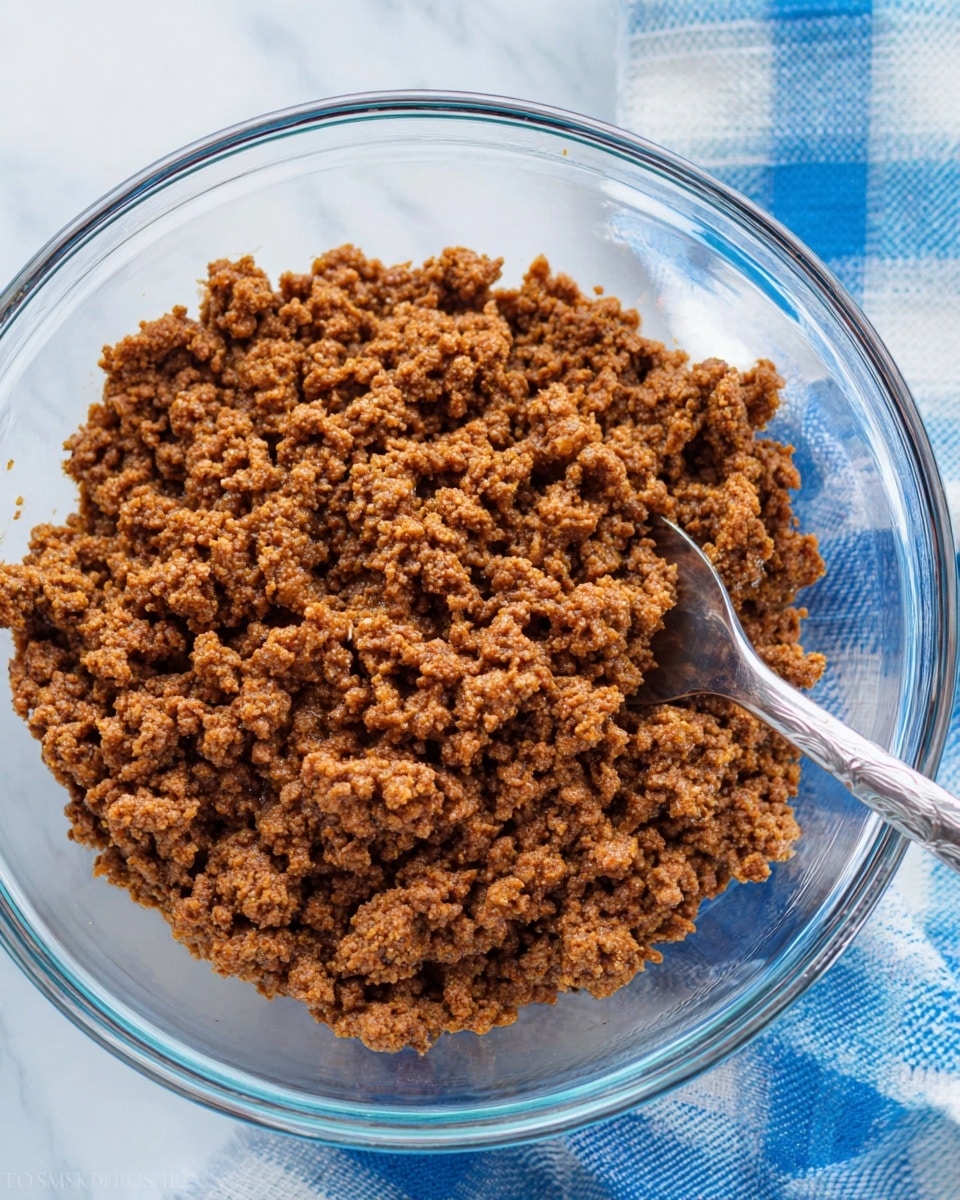 A clear glass bowl filled with cooked ground meat that is brown and crumbly in texture, filling most of the bowl with some uneven clumps. A metal spoon rests inside the bowl, its handle extending out to the upper right side. The bowl is placed on a white marbled surface with a blue and white checkered cloth partially visible behind it. photo taken with an iphone --ar 4:5 --v 7