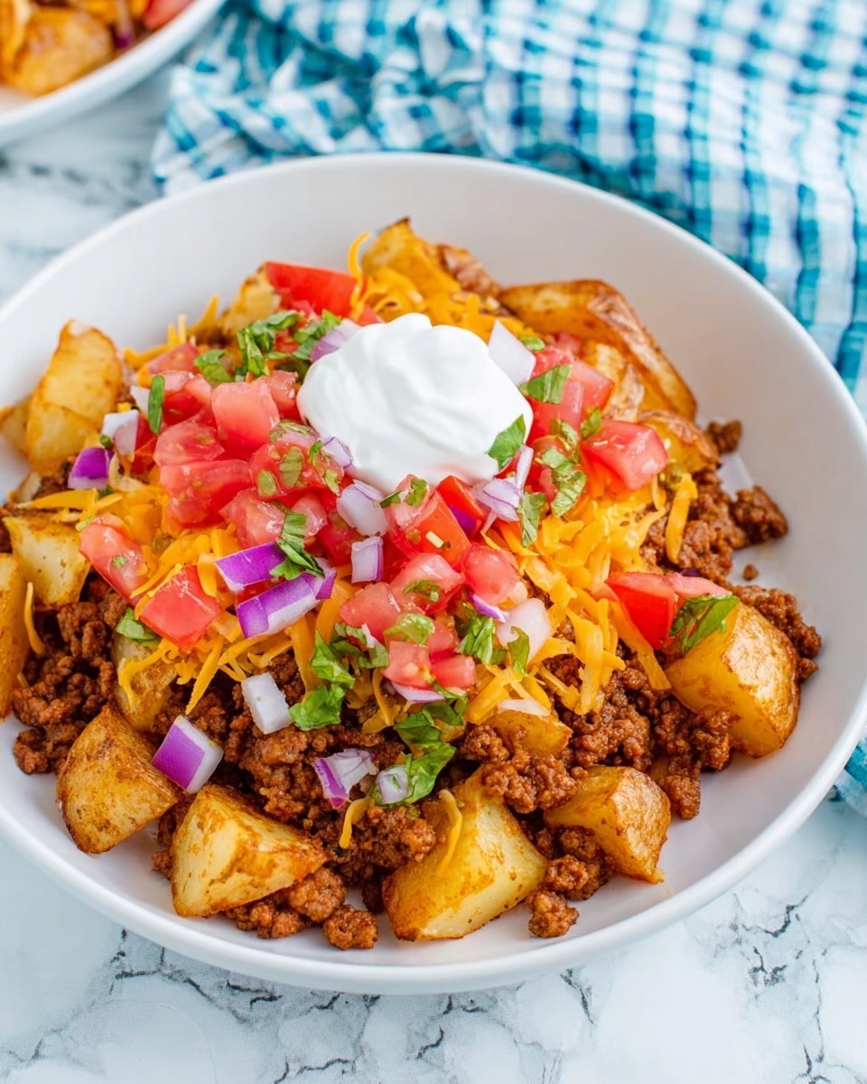 This image shows a white plate filled with three main layers. The bottom layer is golden brown roasted potato chunks with a slightly crispy texture. On top of that is a layer of cooked, crumbled ground meat, evenly spread around the plate. Above the meat is a mix of shredded orange cheddar cheese and diced fresh salsa with red tomatoes, purple onions, and green herbs, all sitting on a dollop of white sour cream at the center. The plate is set on a white marbled surface with a blue and white checkered cloth visible in the background. photo taken with an iphone --ar 4:5 --v 7