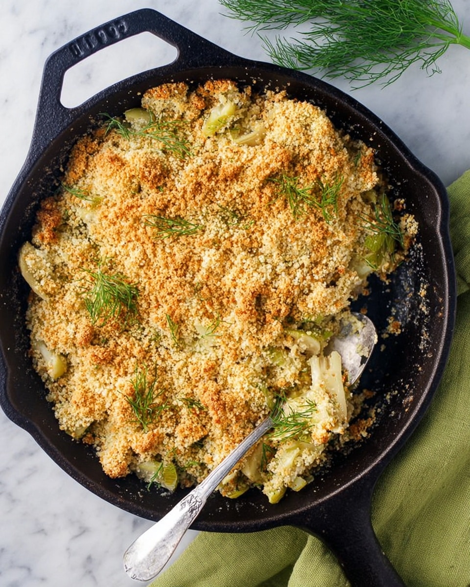 The image shows a black cast iron skillet filled with baked food topped with a golden brown crumb layer that's uneven and crunchy in texture. Beneath the crumb topping, there are visible soft, light green pieces of fennel mixed in. Some green fennel fronds are scattered on top as garnish. A silver spoon is placed inside the skillet, resting on the right side. The skillet is set on a white marbled surface, with a sprig of green fennel lying nearby and a green cloth partially visible at the bottom right corner. Photo taken with an iphone --ar 4:5 --v 7