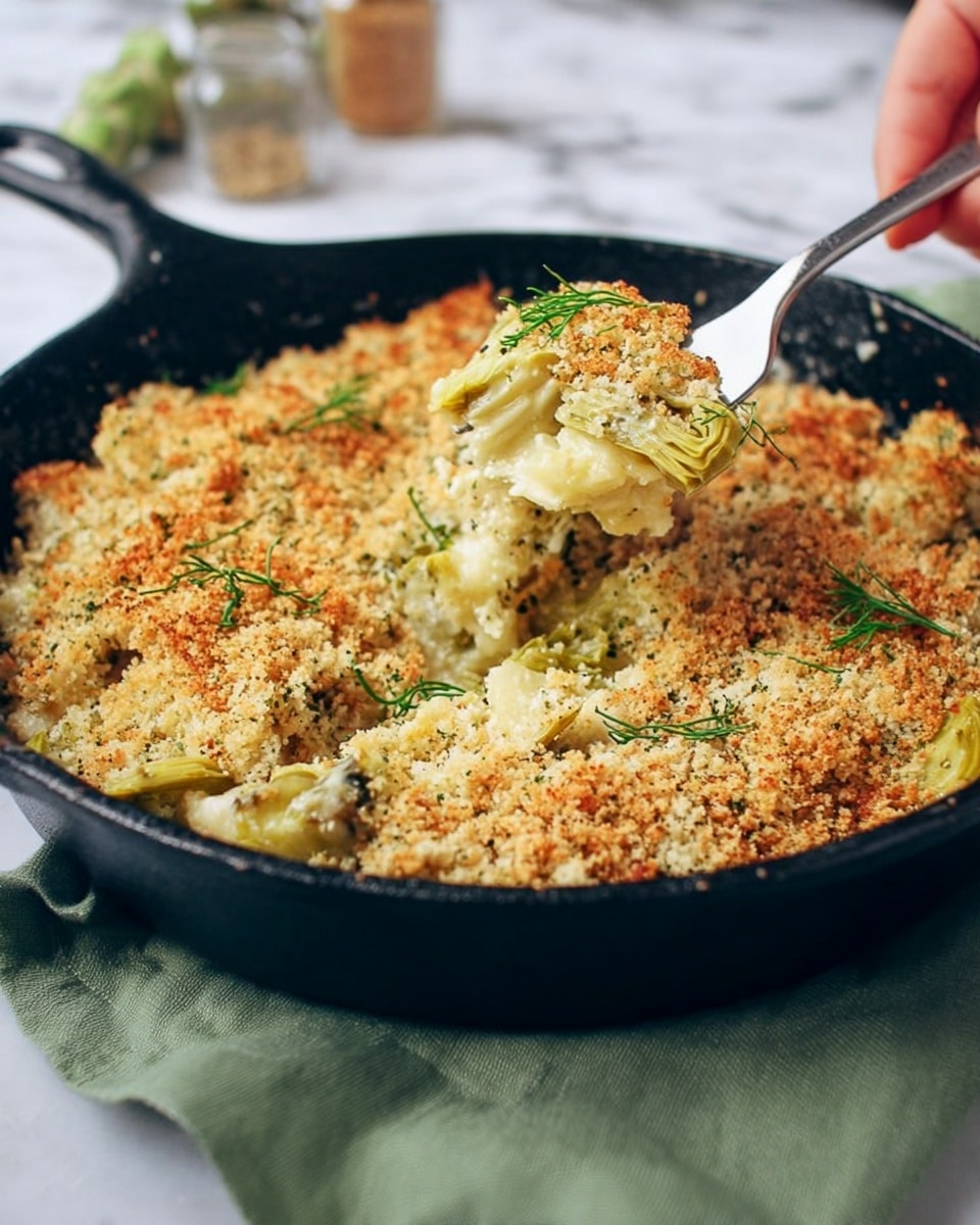 The image shows a black cast iron pan filled with a baked dish. The top layer is golden and crispy breadcrumb topping with some green herb sprigs scattered for garnish. Underneath, there are chunky pieces of pale yellow to light green cooked vegetables, likely artichokes, mixed with a creamy, textured filling. A woman's hand is holding a fork lifting a portion from the pan, revealing the creamy inside and the crisp topping. The background surface is white marbled with some small jars blurred in the distance, and a folded green cloth lies at the bottom of the image. Photo taken with an iphone --ar 4:5 --v 7