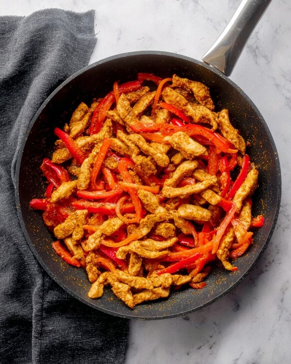 A black pan on a white marbled surface holds a single layer of cooked thin chicken strips mixed with sliced red bell peppers, all lightly coated in a warm, golden seasoning. The chicken pieces have a soft but slightly crispy texture, while the red bell peppers are bright and tender, scattered evenly across the pan. To the side, a dark gray cloth is partially visible. Photo taken with an iphone --ar 4:5 --v 7