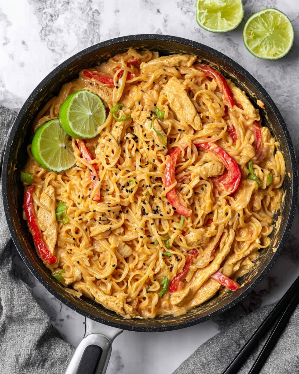 A black pan filled with creamy orange-colored noodles mixed with light tan chicken strips and bright red bell pepper slices. There are two green lime wedges placed on the surface of the noodles on the left side. Small black sesame seeds are sprinkled across the dish. The pan is set on a white marbled surface with a gray cloth and black chopsticks nearby. Photo taken with an iphone --ar 4:5 --v 7