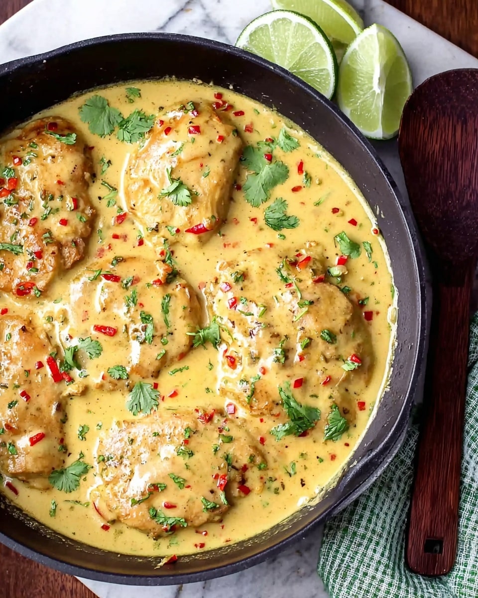 A black cast iron pan filled with four pieces of light golden food covered in creamy yellow sauce with specks of red chili flakes and small green herb leaves sprinkled on top. The sauce looks smooth and rich with small bits of ingredients mixed in. Around the pan on a white marbled surface are halved fresh limes, a white and green checkered cloth, and a dark wooden spoon resting to the right side of the pan. photo taken with an iphone --ar 4:5 --v 7