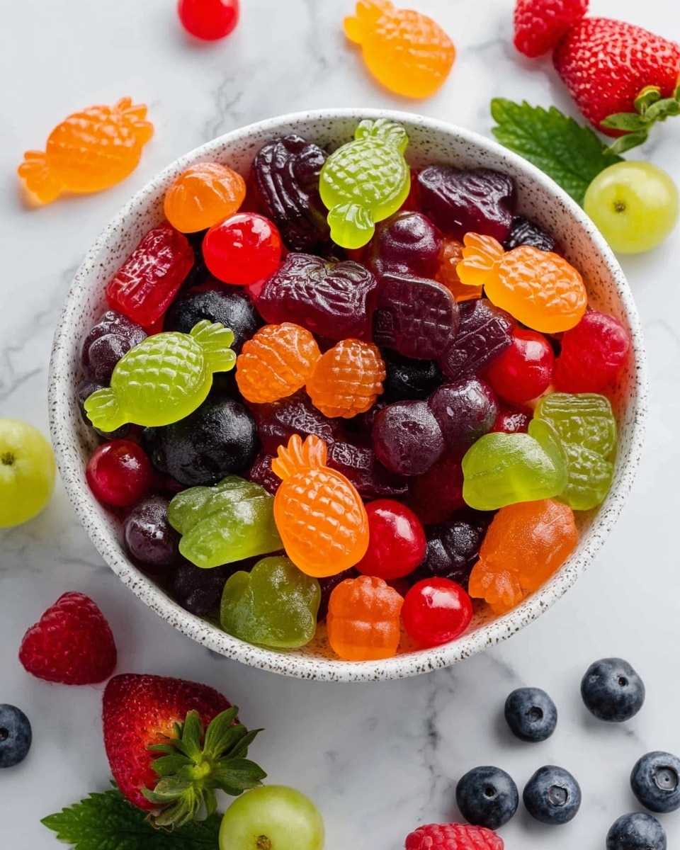 A white bowl filled with colorful gummy candies and fruit-shaped gummies. The candies come in red, green, purple, orange, and black colors with a shiny, smooth texture. There are orange gummy pineapples mixed throughout, along with round shiny balls in red, light green, and purple shades. The bowl sits on a white marbled surface scattered with fresh strawberries, blueberries, green grapes, and green leaves around it, creating a bright and cheerful scene. photo taken with an iphone --ar 4:5 --v 7