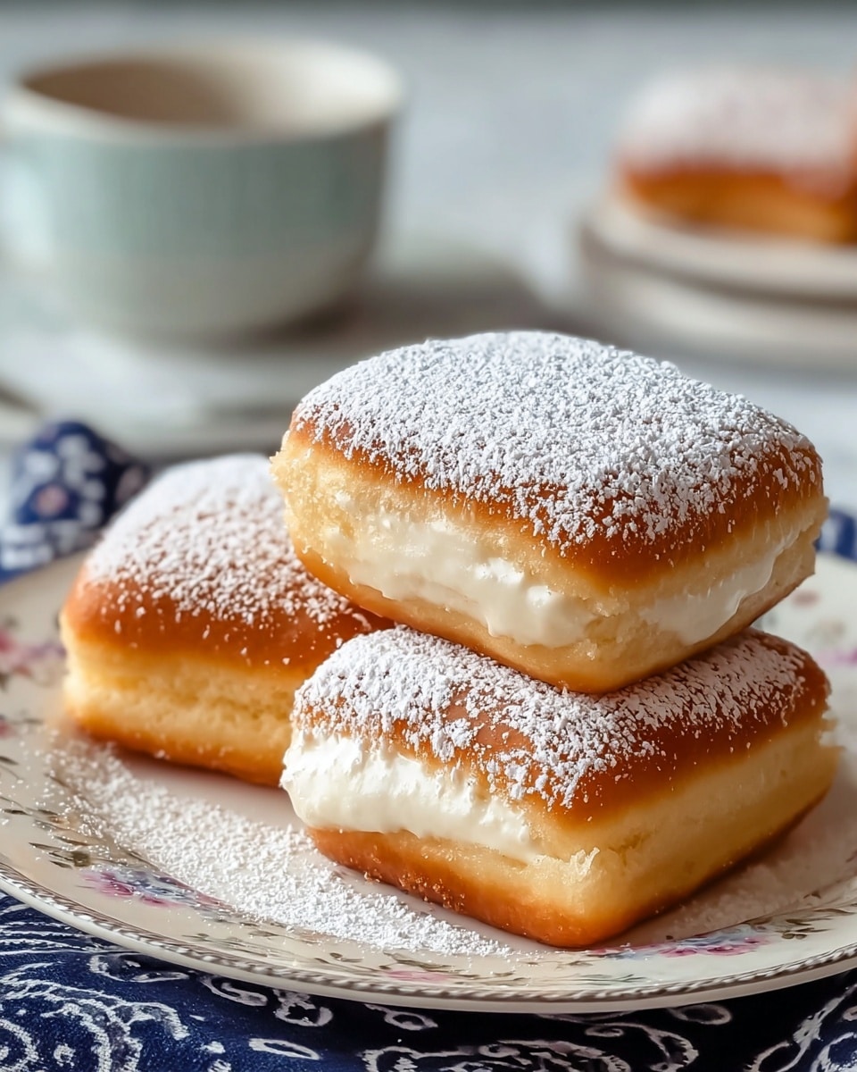 A white plate holds five square-shaped pastries stacked in a small pile. Each pastry has two visible layers of golden-brown dough with a light and flaky texture, dusted heavily with white powdered sugar on top and around the edges. The powdered sugar contrasts with the warm color of the dough, giving the pastries a soft, snowy appearance. Beside the pastries on the plate is a silver fork resting slightly angled. The plate sits on a white marbled surface. photo taken with an iphone --ar 4:5 --v 7