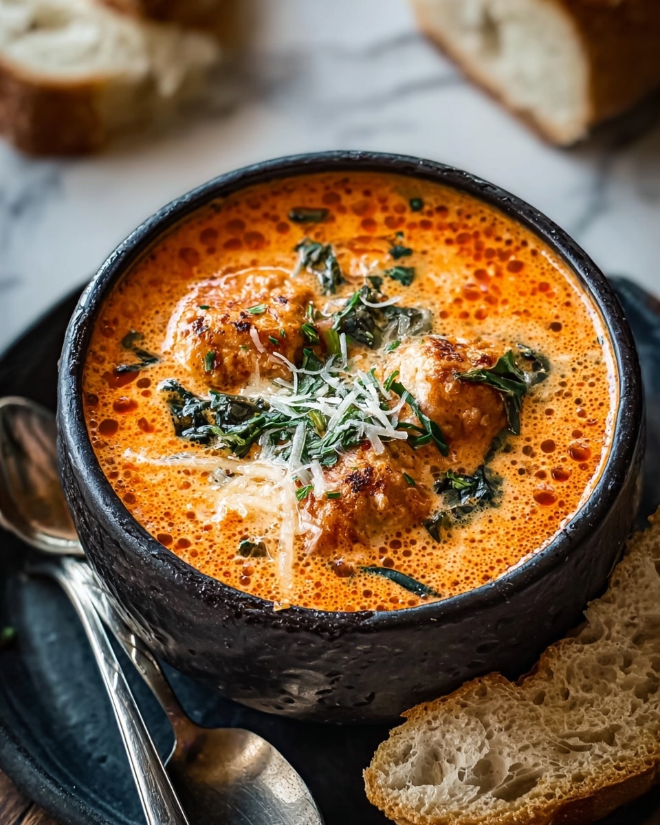 A dark stone bowl filled with orange creamy soup, with a smooth texture and small bubbles on the surface. Three pieces of lightly browned food sit in the middle, topped with shredded pale cheese and green leafy herbs scattered on top. The bowl is on a dark round plate with a silver spoon to the left, and two pieces of crusty bread rest on the right side of the plate. The scene is on a white marbled surface, with soft focused bread pieces in the background. photo taken with an iphone --ar 4:5 --v 7